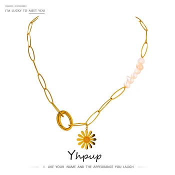 Yhpup 2021 Nehrdzavejúcej Ocele Módne Sun Flower Prívesok Reťazca Náhrdelník Elegantné Šperky Prírodné Perly 18 K Metal Golier Náhrdelník