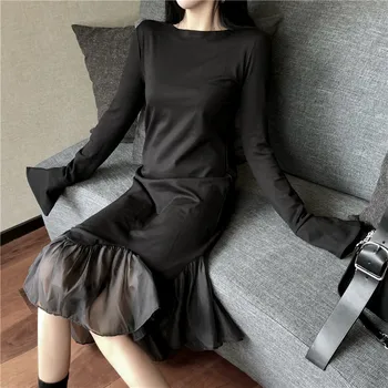 YingYuanFang Oka, šitie black fishtail šaty dlhé rozstrapatené oddiel vysoký pás dlhý rukáv