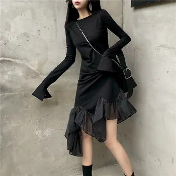 YingYuanFang Oka, šitie black fishtail šaty dlhé rozstrapatené oddiel vysoký pás dlhý rukáv