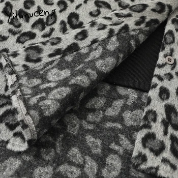 Yitimuceng Falošné 2 Kus Vlnené Kabát pre Ženy Patch Vzory Pozdĺžne Leopard Turtleneck Bat Rukávy Bundy Sušenie Vlny & Zmesi