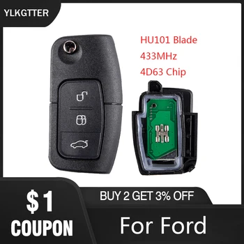 YLKGTTER 3Buttons Auto Alarm, Diaľkové Tlačidlo 433MHz práce pre Ford Mondeo Focus 2 Fusion Fiesta Galaxy s Uncut HU101 Čepeľ 4D63 Čip