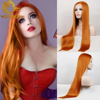 Yomagic Medi Orange Syntetické Vlasy Parochňa pre Ženy Strany Hodváb Rovno Tepelne Odolných Vlákien Glueless Čipky Parochne