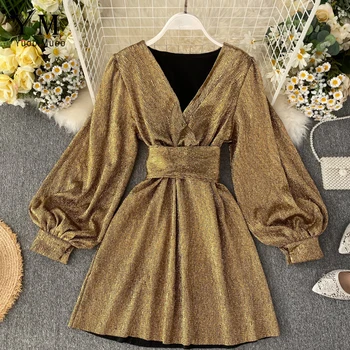 YuooMuoo Kvalitné Luxusné Zlaté Žiariace Obväz Ženy Party Šaty 2019 Doplnky, Módne, Elegantné Lístkového Rukáv V Krku Krátke Šaty