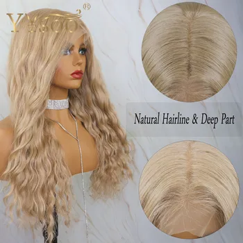 YYsoo 103 Blond Kučeravé Curly13x6 Syntetické Parochne Čipky Front pre Ženy Japonsko Futura žiaruvzdorné Voľné Vlny Parochňu Prírodné Vlasové