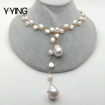 Y·YING 128cm Sladkovodné Biela Keshi Pearl white baroková perla Zmiešané Farby Cubic Zirconia Pripraviť Reťazec Dlhý Náhrdelník ženy šperky