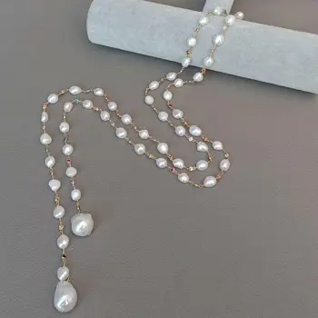 Y·YING 128cm Sladkovodné Biela Keshi Pearl white baroková perla Zmiešané Farby Cubic Zirconia Pripraviť Reťazec Dlhý Náhrdelník ženy šperky
