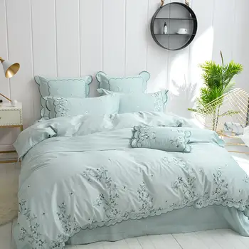 Z egyptskej Bavlny Kráľovná/King Size Dizajn posteľná bielizeň Nastaviť Luxusné Zelená Ružová Vyšívané Obliečky Kryt Vybavené Bedsheet nastaviť parure de lit