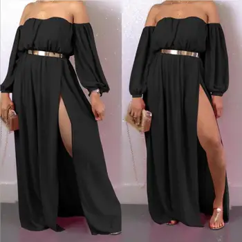 Z-ZOUX Ženy Šaty Lomka Krku Mimo Ramenný Šifón Šaty Vysoký Pás Split Sexy Maxi Šaty Voľné Voľný čas Plážové Šaty 2020 Nové