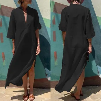 ZANZEA 2019 Elegantný V Krku Tričko Oblečenie dámske Letné Sundress Bežné 3/4 Rukáv Split Maxi Vestidos Žena Pevné Šaty Plus Veľkosť