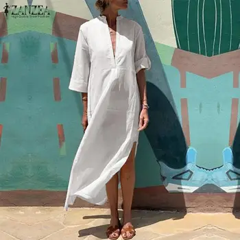 ZANZEA 2019 Elegantný V Krku Tričko Oblečenie dámske Letné Sundress Bežné 3/4 Rukáv Split Maxi Vestidos Žena Pevné Šaty Plus Veľkosť