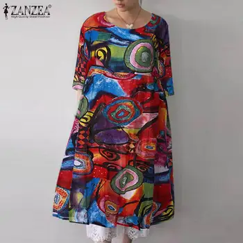 ZANZEA 2019 Vintage Patchwork Tlačené Šaty Žien Sundress Lete O Krk Polovičný Rukáv Koleno Dĺžke Vestidos Plus Veľkosť Šaty, Tuniky