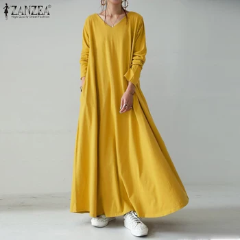 ZANZEA Elegantné Ženy Maxi Dlhé Šaty 2021 Jeseň V krku Dlhý Rukáv Sundress Plus Veľkosť Oblečenie Femme Šaty Pevné Vestidos Kaftan