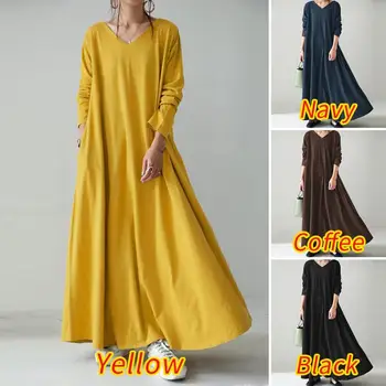 ZANZEA Elegantné Ženy Maxi Dlhé Šaty 2021 Jeseň V krku Dlhý Rukáv Sundress Plus Veľkosť Oblečenie Femme Šaty Pevné Vestidos Kaftan