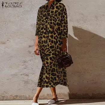 ZANZEA Jar Štýlový Tlačiť Sundress Žien Leopard Tričko Šaty Bežné Dlhý Rukáv Midi Vestidos Žena Tlačidlo Šaty Plus Veľkosť