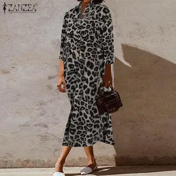 ZANZEA Jar Štýlový Tlačiť Sundress Žien Leopard Tričko Šaty Bežné Dlhý Rukáv Midi Vestidos Žena Tlačidlo Šaty Plus Veľkosť