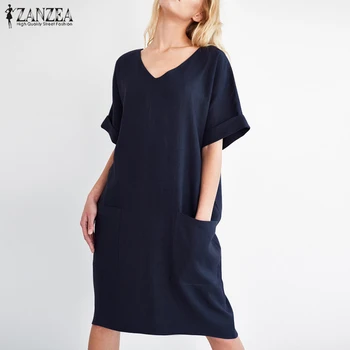 ZANZEA Plus Veľkosť Ženy Šaty Krátke Rukáv V krku Práce Tričko Vestido Bežné Pláži Vestidos Office Župan Femme 2021 Letné Šaty