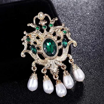 Zelená Drahokamu Crystal Koruny pin brošňa Svadobné šperky Zlatá farba pin brošňa módne klobúky príslušenstvo imitácia perly broches