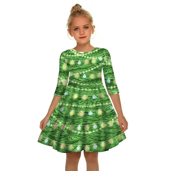 Zelená Polovica Rukáv Vianočný Stromček Bell Tlač Deti Zdobiť Princezná Kostým 2019 Jeseň Zima Vianoce Zdobiť Dievča Oblečenie Vestidos