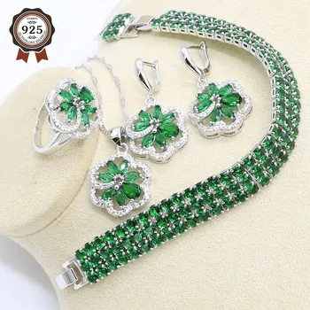 Zelená Semi-drahé Strieborné Farebné Šperky Set pre Ženy s Náramok Kvet Tvar Náušnice Náhrdelník Prívesok, Prsteň Darčekovej krabičke