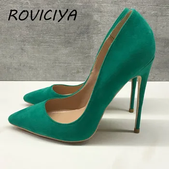 Zelená ženy čerpadlá 12 cm vysoké podpätky módne ukázal prst plytké sexy topánky slip-on strany topánky plus veľkosť RM011 ROVICIYA
