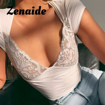 Zenaide Y2K Sexy Plodín Top Nízke V Čipky Biely Plášť Letné Oblečenie Rebrovaný Srůsty Pevné Oka Krátky Rukáv Ženy Tričko