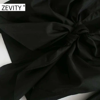 ZEVITY ženy móda záhybov lístkového rukáv luk viazaná čierne krátke tričko dovolenku štýl žena popelín blúzky roupas elegantné topy LS7087