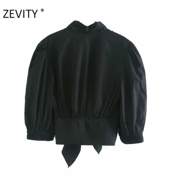 ZEVITY ženy móda záhybov lístkového rukáv luk viazaná čierne krátke tričko dovolenku štýl žena popelín blúzky roupas elegantné topy LS7087