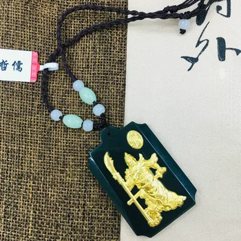 Zheru prírodné Hetian jade príveskom vykladaným zlatom Guan Gong prívesok So zeleným perličiek náhrdelník poslať národný kontrolný cert