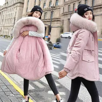Zimná Srsť Kapucí Bunda, Kabát kórejský Hrubé Teplé Bavlna-čalúnená Parkas Coats Dlho Ženy Plus Zamatový Kabát Outwear Žena Kabát