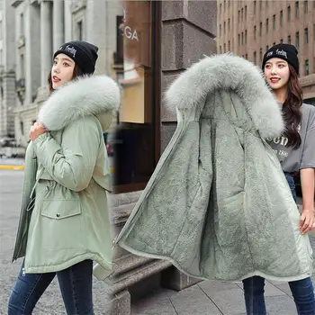 Zimná Srsť Kapucí Bunda, Kabát kórejský Hrubé Teplé Bavlna-čalúnená Parkas Coats Dlho Ženy Plus Zamatový Kabát Outwear Žena Kabát