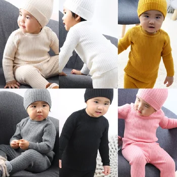 Zimné deti oblečenie novorodenca tepelnej spodná bielizeň 3-dielna sada pletený sveter pulóver+vysoký pás nohavice+klobúk chlapci dievčatá baby oblek