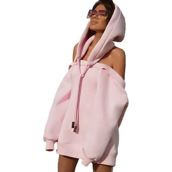 Zimné Hoodie Šaty Pre Ženy Off-Ramenný Sveter Košele Jeseň Dámy Bežné Nadrozmerná Vestidos Žena Hoody Topy