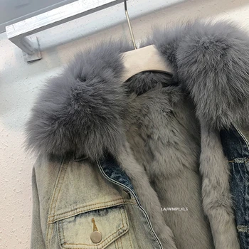 Zimné Móda Teplé Prírodné Fox Kožušiny Golier kabáty + Skutočné Králik Vlasy Líniové Denim Jacket Žena Spojov Hrubé Reálne Kožušiny Outwear