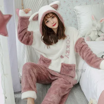 Zimné Panda Hooded Flannel Ženy Pyžamo Sady Hrubé Teplé Vianoce Pyžamá Žena Sticth PiJamas Sleepwear Domáce Oblečenie, Obleky