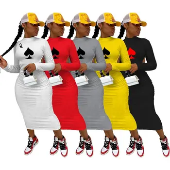 ZKYZWX Jeseň Plus Veľkosť Poker Tlač Bodycon Šaty pre Ženy Móda Backless Dlhý Rukáv O-krku Nočný Klub Midi Ceruzka Šaty