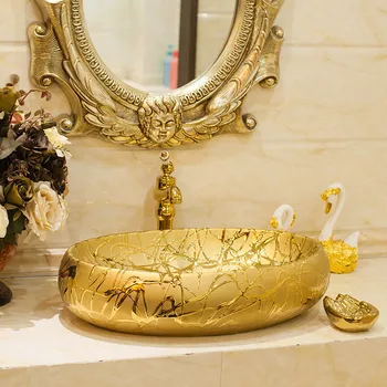Zlatá/Strieborná oválne Porcelánu Čína Klasické Maliarske Umenie Pultu Kúpeľňa Keramické Umývadlo čínskeho porcelánu umývadlo