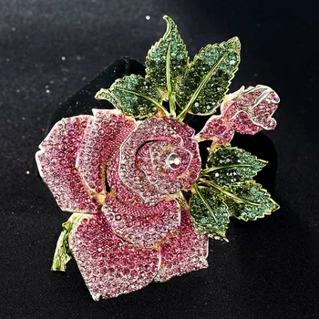Zlxgirl Veľká Veľkosť Ruže Kvet Brošňa kolíky Pre Ženy, Vianočné Darčeky, Ružová Bud Leaf Crystal Brošňa Ideálny smalt Príslušenstvo Hidžáb