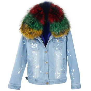 Značka 2020 jeseň zimná bunda, kabát ženy Denim jacket skutočný veľký raccoon kožušiny golier a umelú kožušinu hrubé teplé Vložky Odnímateľný