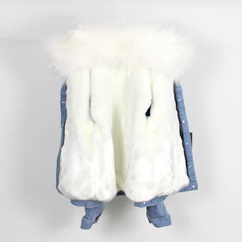 Značka 2020 jeseň zimná bunda, kabát ženy Denim jacket skutočný veľký raccoon kožušiny golier a umelú kožušinu hrubé teplé Vložky Odnímateľný