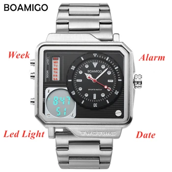 Značka BOAMIGO Led Digitálne Hodinky Mužov Auto Dátum Fashion Square Quartz náramkové hodinky Vodeodolné, z Nehrdzavejúcej Ocele, pánske Hodinky