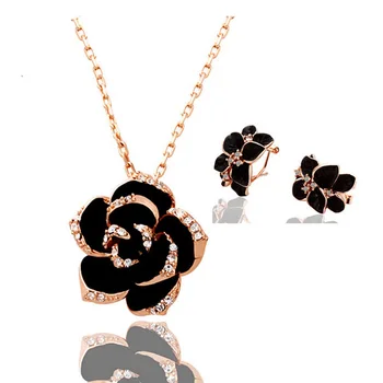 Značka Camellia dizajn prívesok módne ženy gold-farba čierna maľovanie ruže kvet náhrdelníky náušnice, prsteň, Šperky Sady