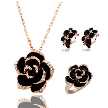 Značka Camellia dizajn prívesok módne ženy gold-farba čierna maľovanie ruže kvet náhrdelníky náušnice, prsteň, Šperky Sady
