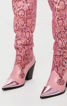 Značka fashion ukázal prst hada tlače mikrovlákna kolená vysoké topánky sexy vysoké podpätky, topánky, ženy, dámy jeseň zimné topánky, ružový