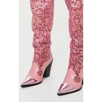 Značka fashion ukázal prst hada tlače mikrovlákna kolená vysoké topánky sexy vysoké podpätky, topánky, ženy, dámy jeseň zimné topánky, ružový