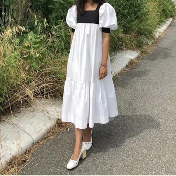 Značka Vintage Ženy Biele Šaty 2019 Letné Krátke Lístkového Rukáv Strany Midi Šaty Módne Farby Patchwork Prehrabať Dámske Oblečenie