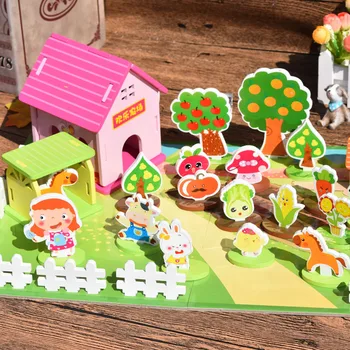 Zostaviť scenár stavebným 3D Happy Farmy Bloky Deti Drevené hračky Model stavebným domček pre bábiky miniatúrne Predstierať, že Hrať hračka