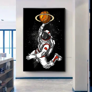 Zábavné Umenie Astronaut Hrať Basketbal V Priestore Plátno Maľovaní Plagátov a Tlačí na Steny Umenie Fotografie pre Obývacej Miestnosti Dekorácie