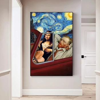 Zábavné Umenie Mona Lisa Van Gogh Fajčiť V Aute Plátno na Maľovanie Plagátu, Hviezdna Noc Wall Art Výtlačkov Obrázkov pre Obývacia Izba Dekor