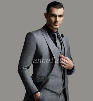 Zákazku vysokej kvality 150 je česanej čistá vlna sivý Oblek Mužov Slim Fit Oblek(sako+nohavice+vesta)