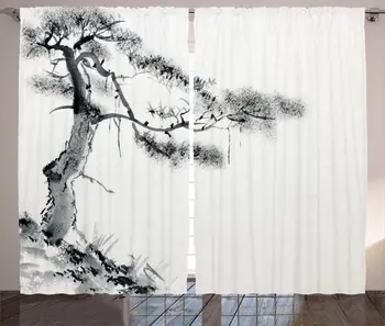 Ázijské Záclony Lone Pine na Horskom Svahu Umenie Tradičnej Čínskej Maľby Štýl Orientálnej Kultúry Obývacej Izby, Spálne, Okno